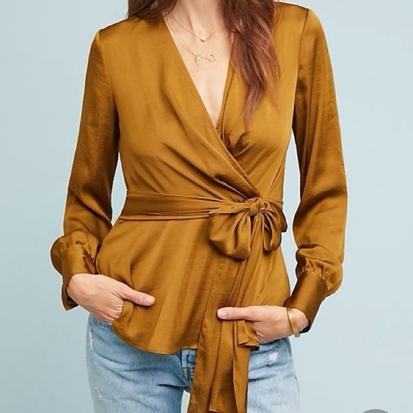 Moulinette Soeurs Tops - Anthropologie x Moulinette Soeurs Brynn Drapey Satin Faux‎ Wrap Tie Brown Blouse